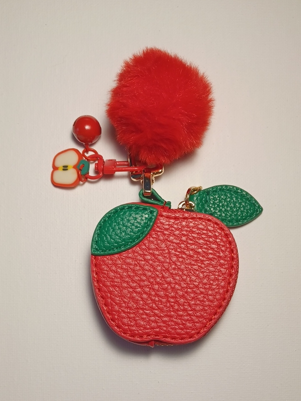 Red Apple Coin Pouch with Green Leaves, Pom Pom & Charm